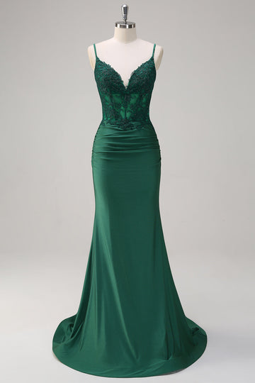 Tirantes de espagueti de sirena verde oscuro Vestido de fiesta largo de satén fruncido con abalorios